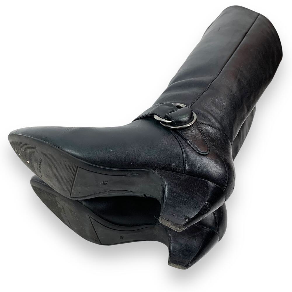 2000's MARC FISHER tall black leather boots with silver ring and low heels - Picture 7 of 12